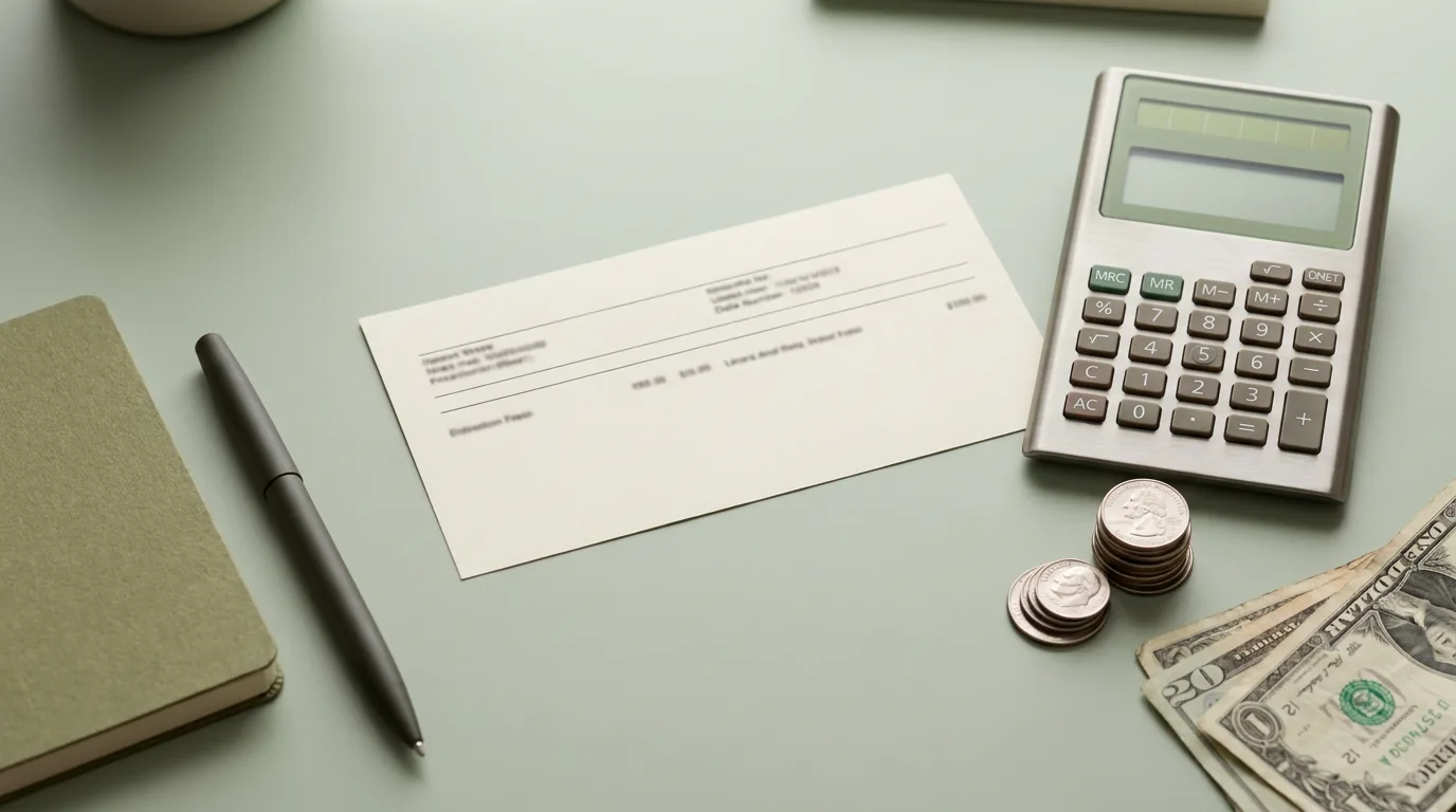 A clean flat-lay of a paycheck stub, a calculator, and neatly stacked coins on a pale green desk, overtime hours highlighted, confident and orderly